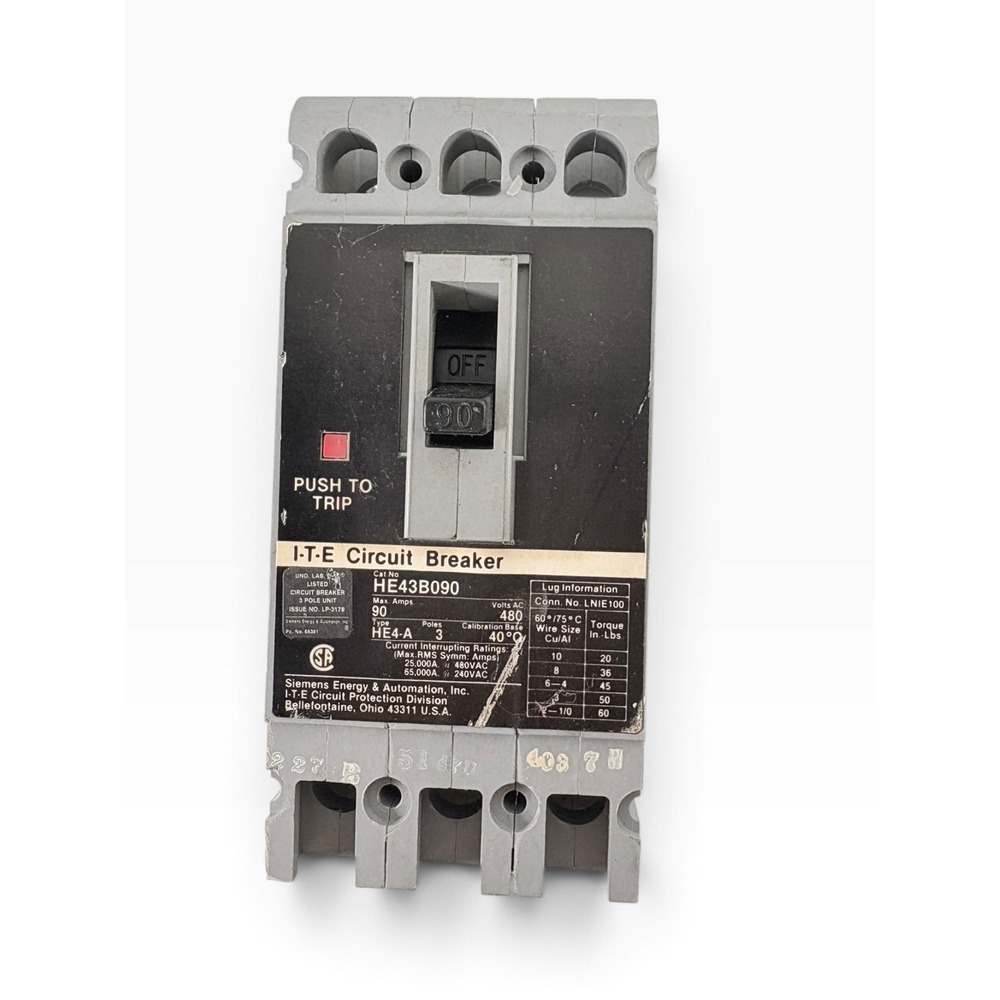 I-T-E Circuit Breaker 3 Pole 90A HE43B090 Gray Excellent 480V HE4-A Siemens